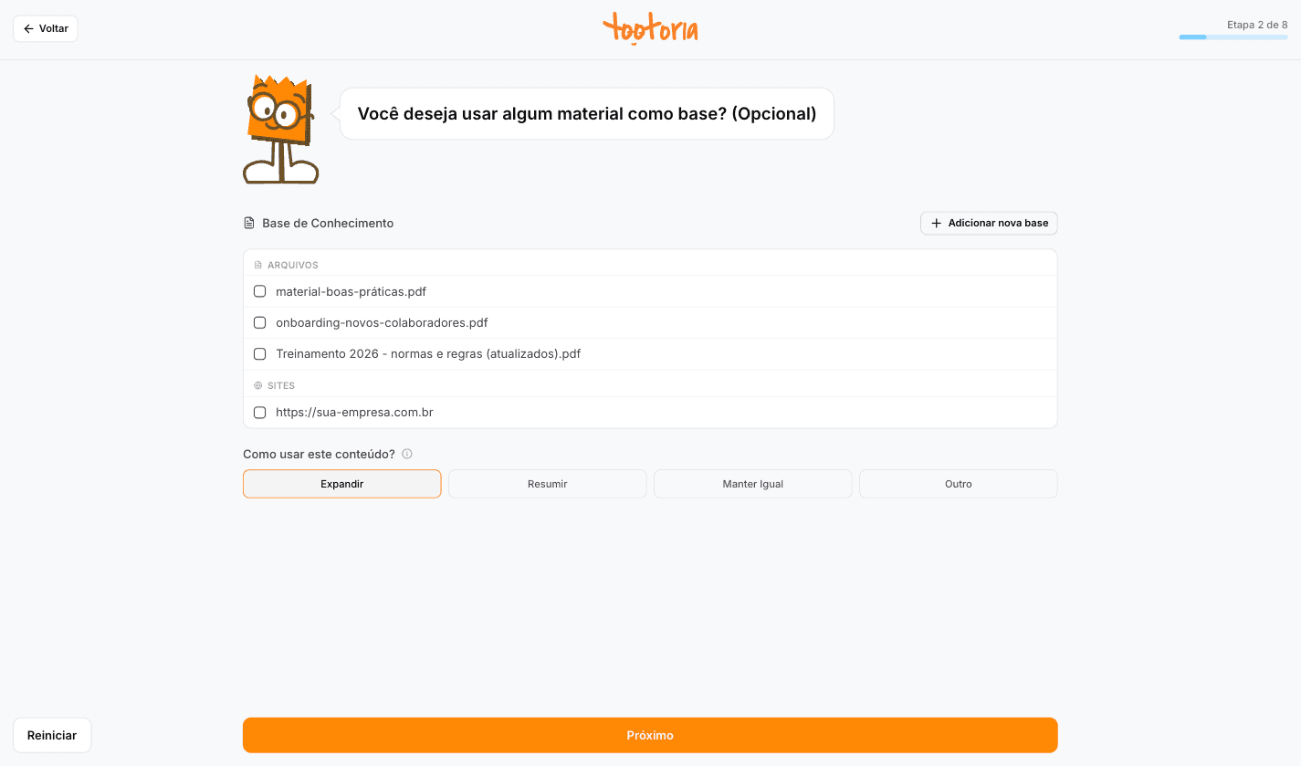 Tela de upload de documentos e identidade visual virando curso